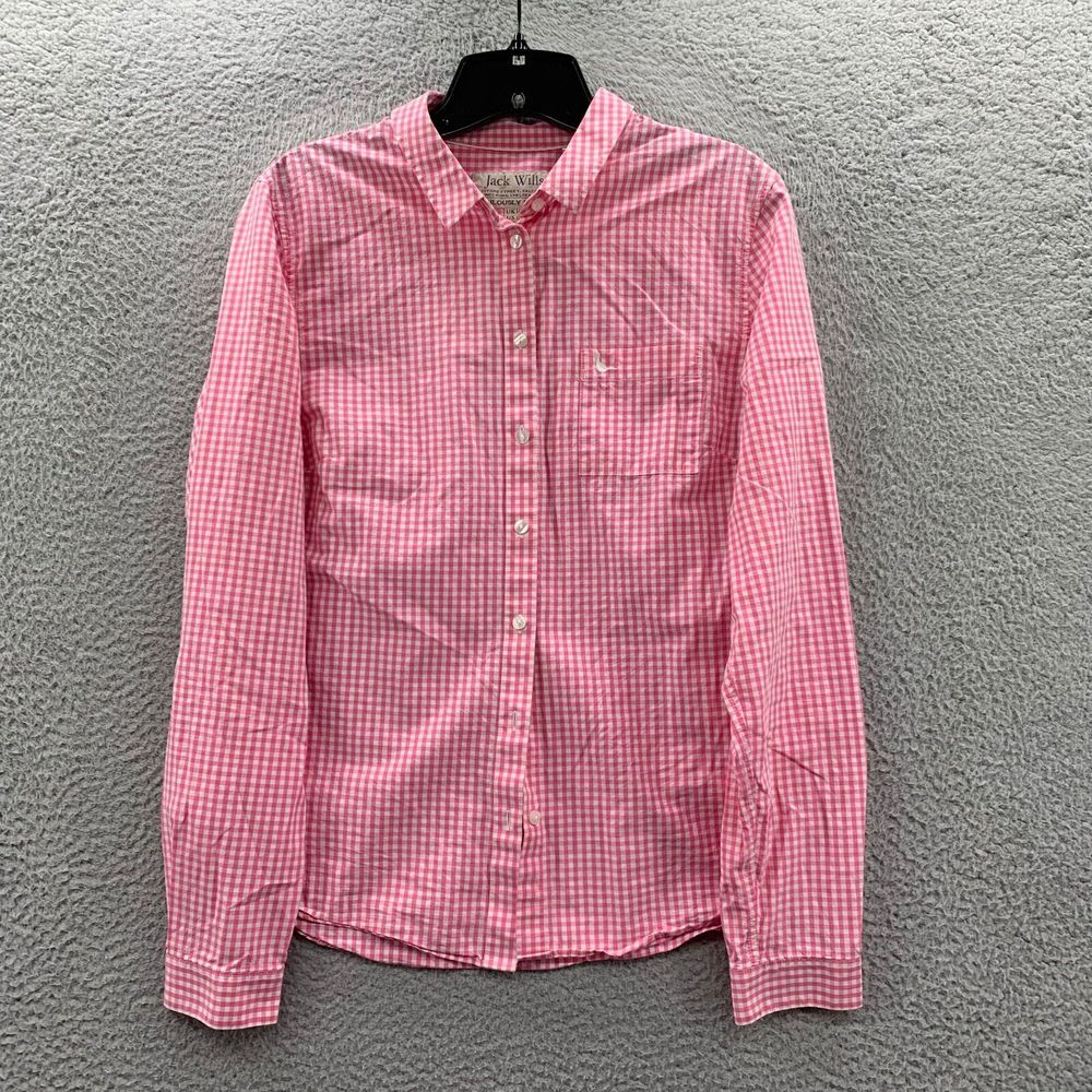 JACK WILLS Shirt Womens Size 10 Button Up Plaid Fabulously British Pink White